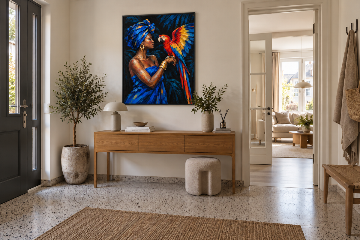 Handgemaltes Gemälde 'Die Papageienfreundin' 90x120cm