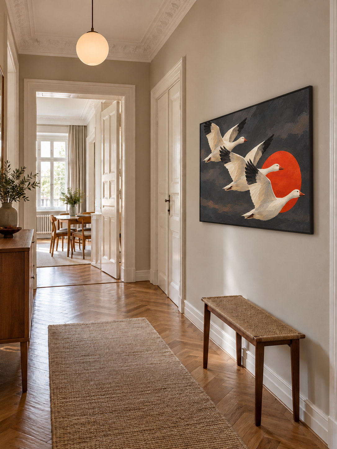 Handgemaltes Gemälde „Flug vor roter Sonne“ 90x120cm
