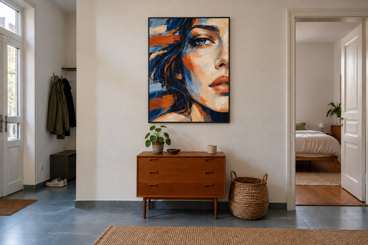 Handgemaltes Gemälde „Blick in Blau und Kupfer“ 90x120cm