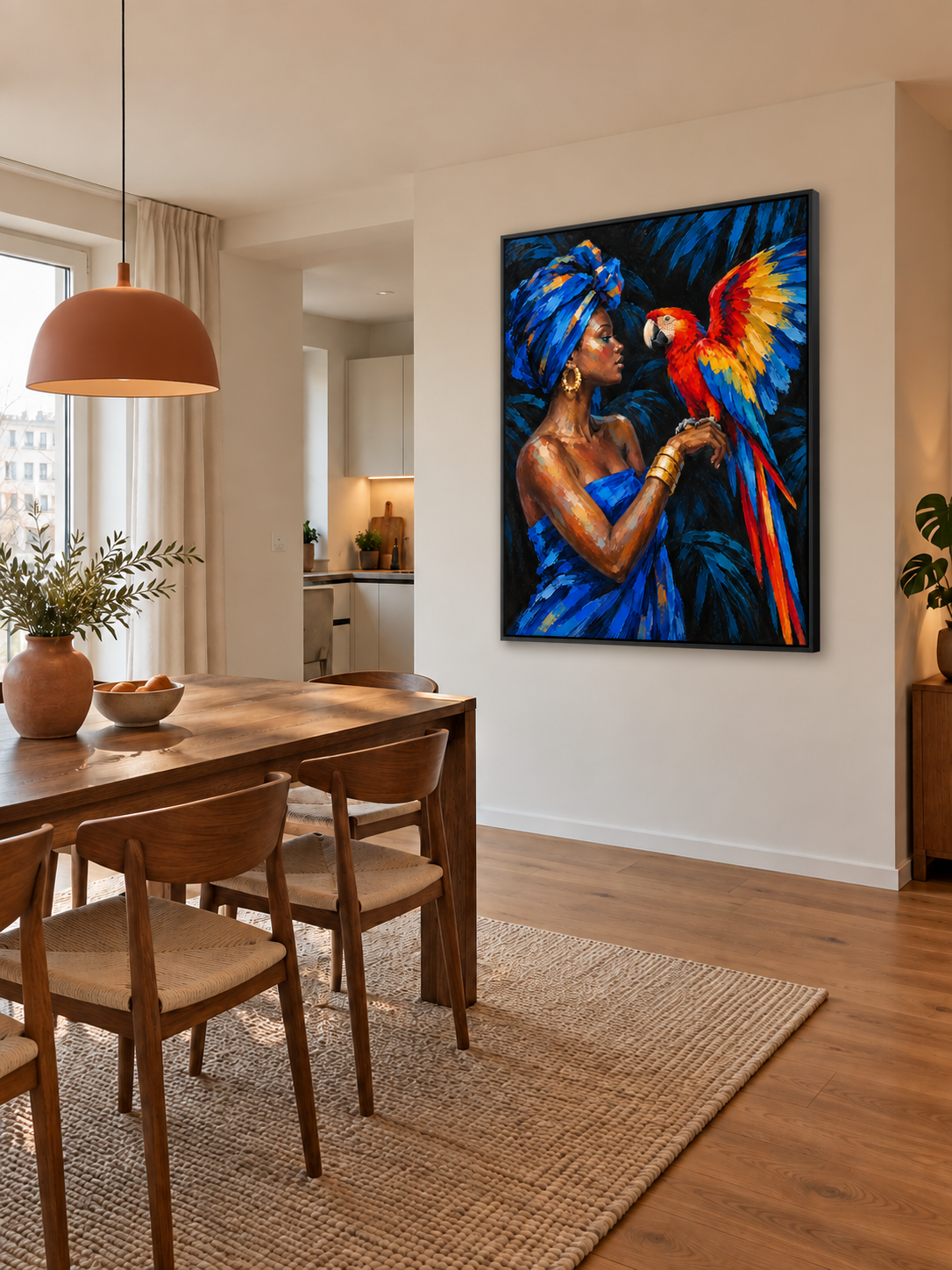 Handgemaltes Gemälde 'Die Papageienfreundin' 90x120cm
