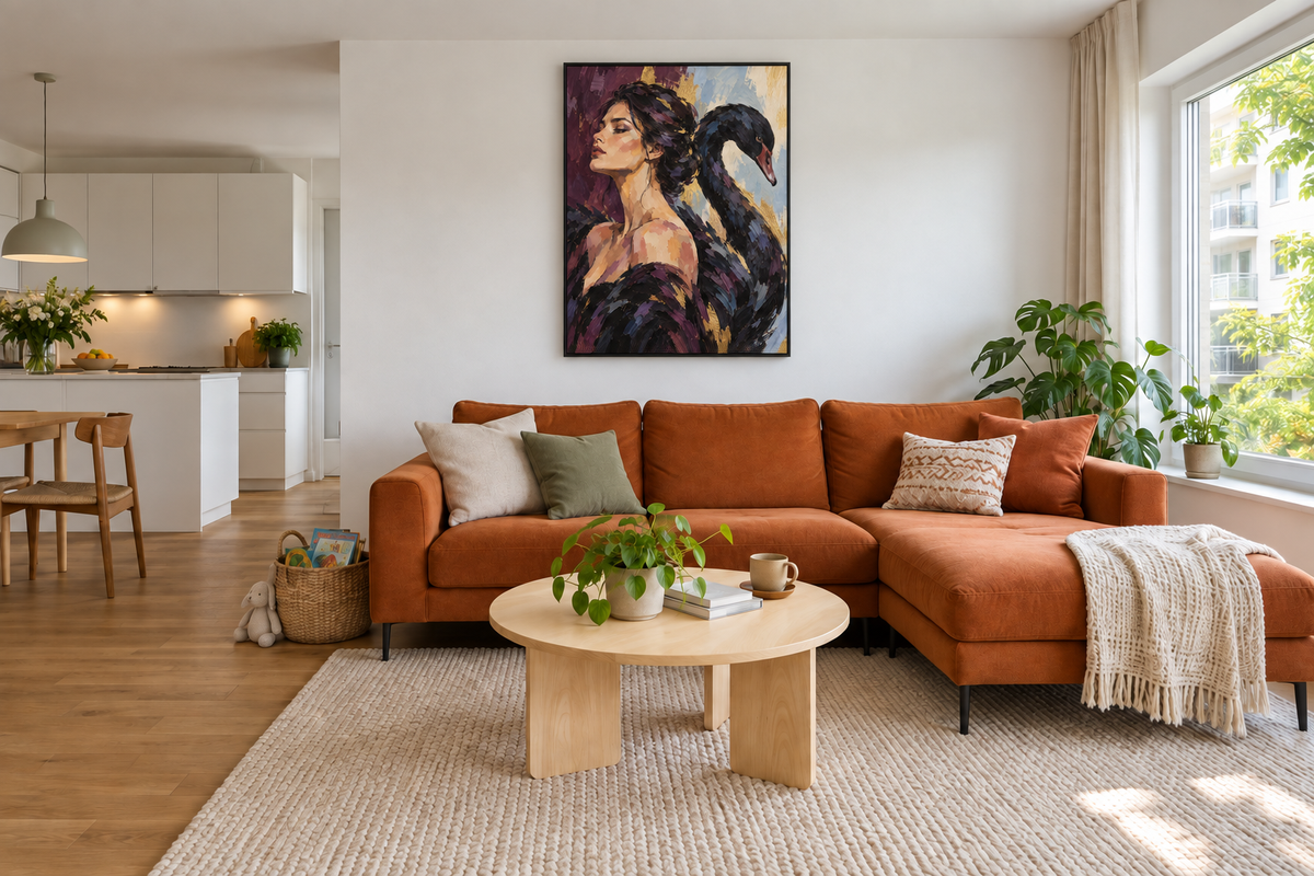 Handgemaltes Gemälde „Frau und schwarzer Schwan“ 90x120cm