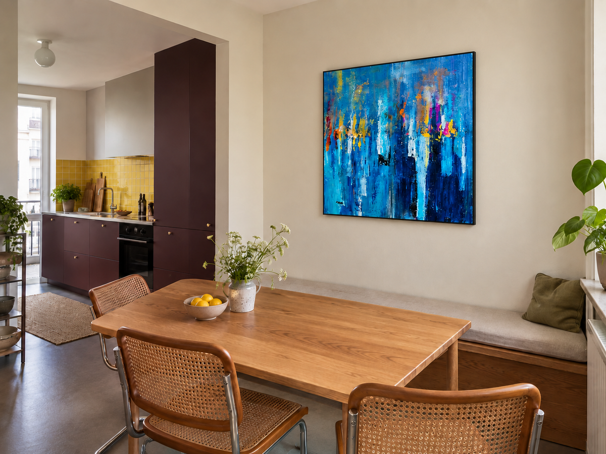 Handgemaltes Gemälde „Lichter im Blau“ 100x100cm