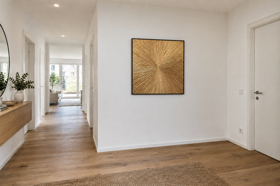 Handgemaltes Gemälde 'Goldene Strahlkraft' 100x100cm