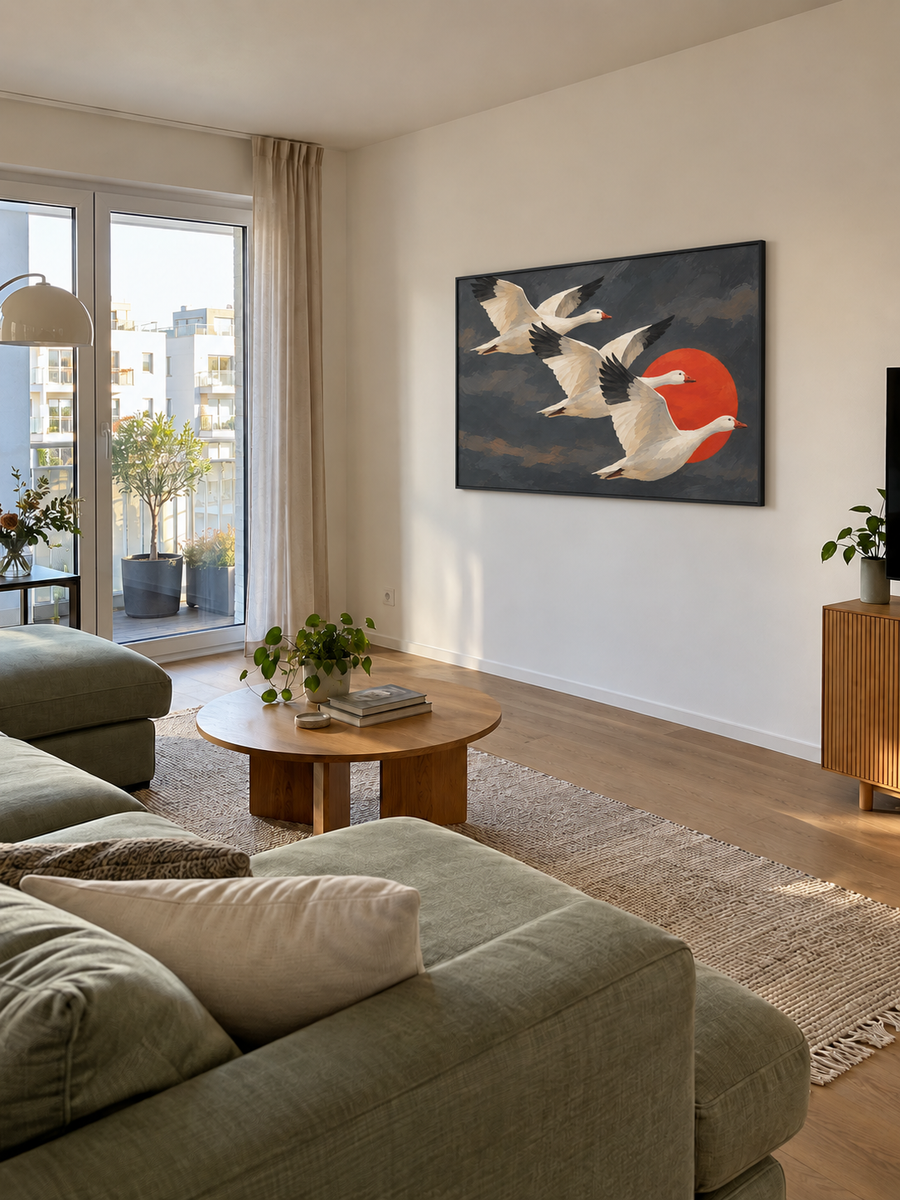 Handgemaltes Gemälde „Flug vor roter Sonne“ 90x120cm