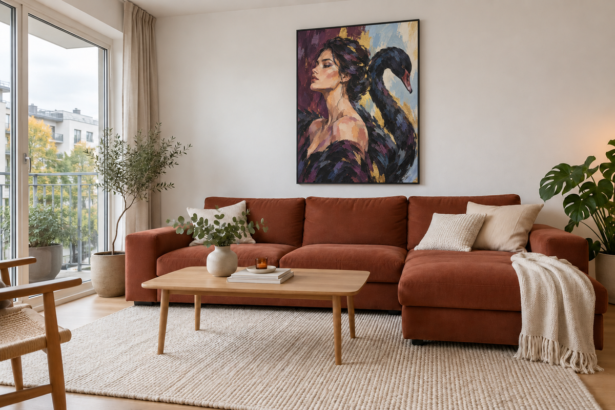Handgemaltes Gemälde „Frau und schwarzer Schwan“ 90x120cm