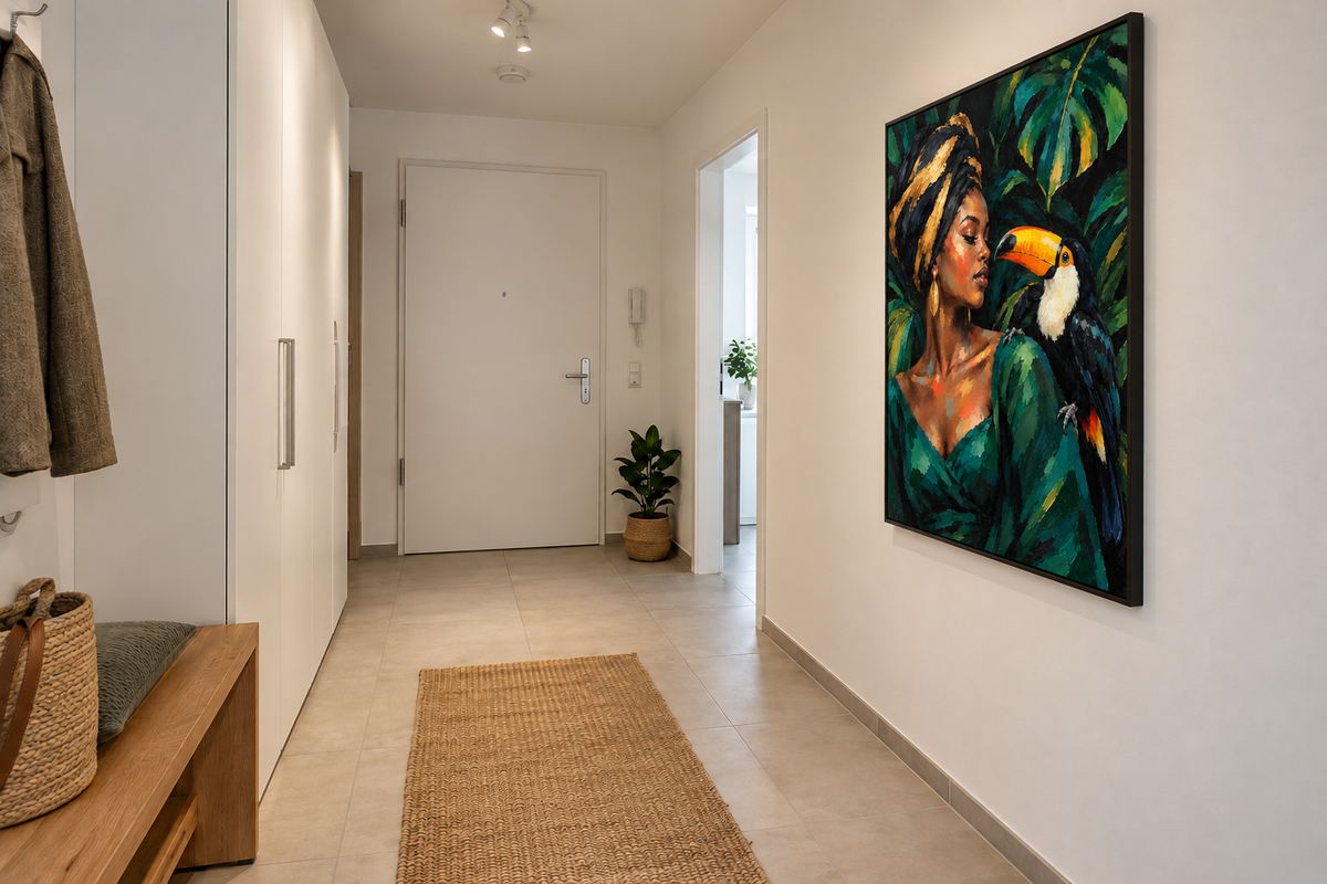 Handgemaltes Gemälde 'Tropische Begegnung' 90x120cm
