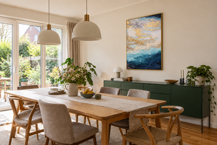 Handgemaltes Gemälde „Gold über den Wellen“ 90x120cm