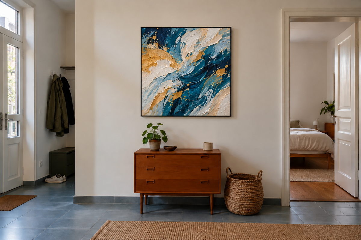 Handgemaltes Gemälde „Goldstrom im Tiefblau“ 100x100cm