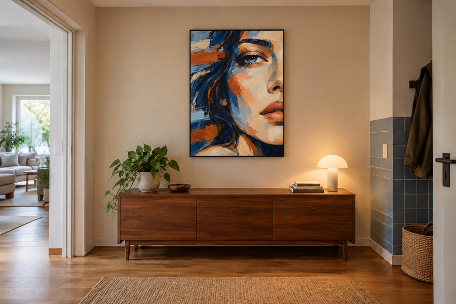 Handgemaltes Gemälde „Blick in Blau und Kupfer“ 90x120cm