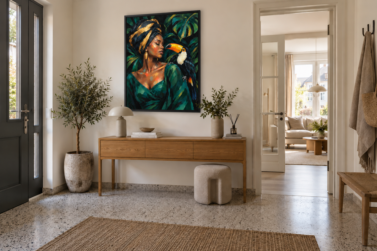 Handgemaltes Gemälde 'Tropische Begegnung' 90x120cm