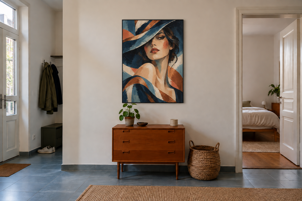 Handgemaltes Gemälde „Unter breiter Krempe“ 90x120cm