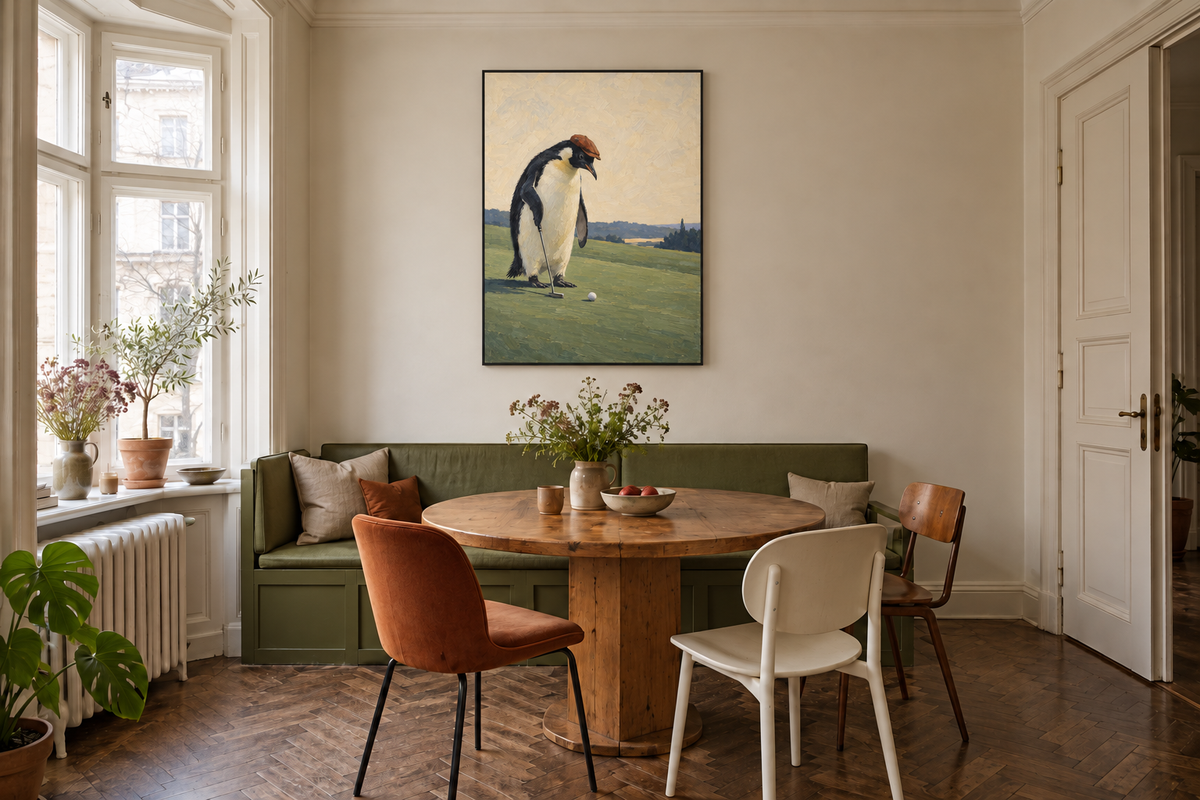 Handgemaltes Gemälde „Pinguin auf dem Grün“ 90x120cm