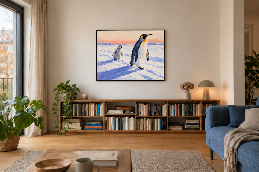 Handgemaltes Gemälde „Kleine Schritte im Schnee“ 120x90cm