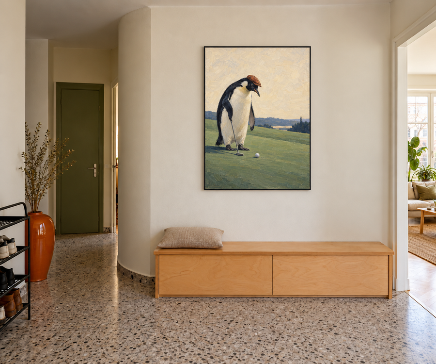 Handgemaltes Gemälde „Pinguin auf dem Grün“ 90x120cm