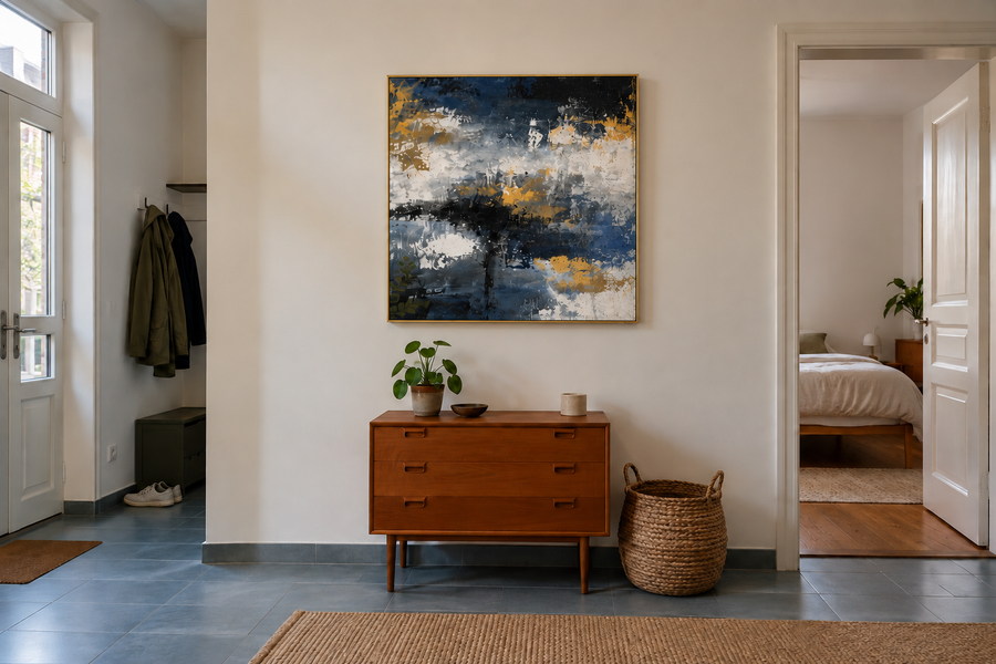 Handgemaltes Gemälde „Aufbruch ins Blau“ 90x120cm