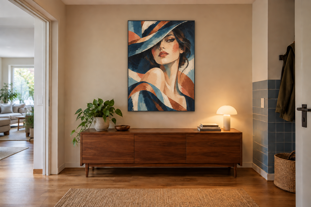 Handgemaltes Gemälde „Unter breiter Krempe“ 90x120cm