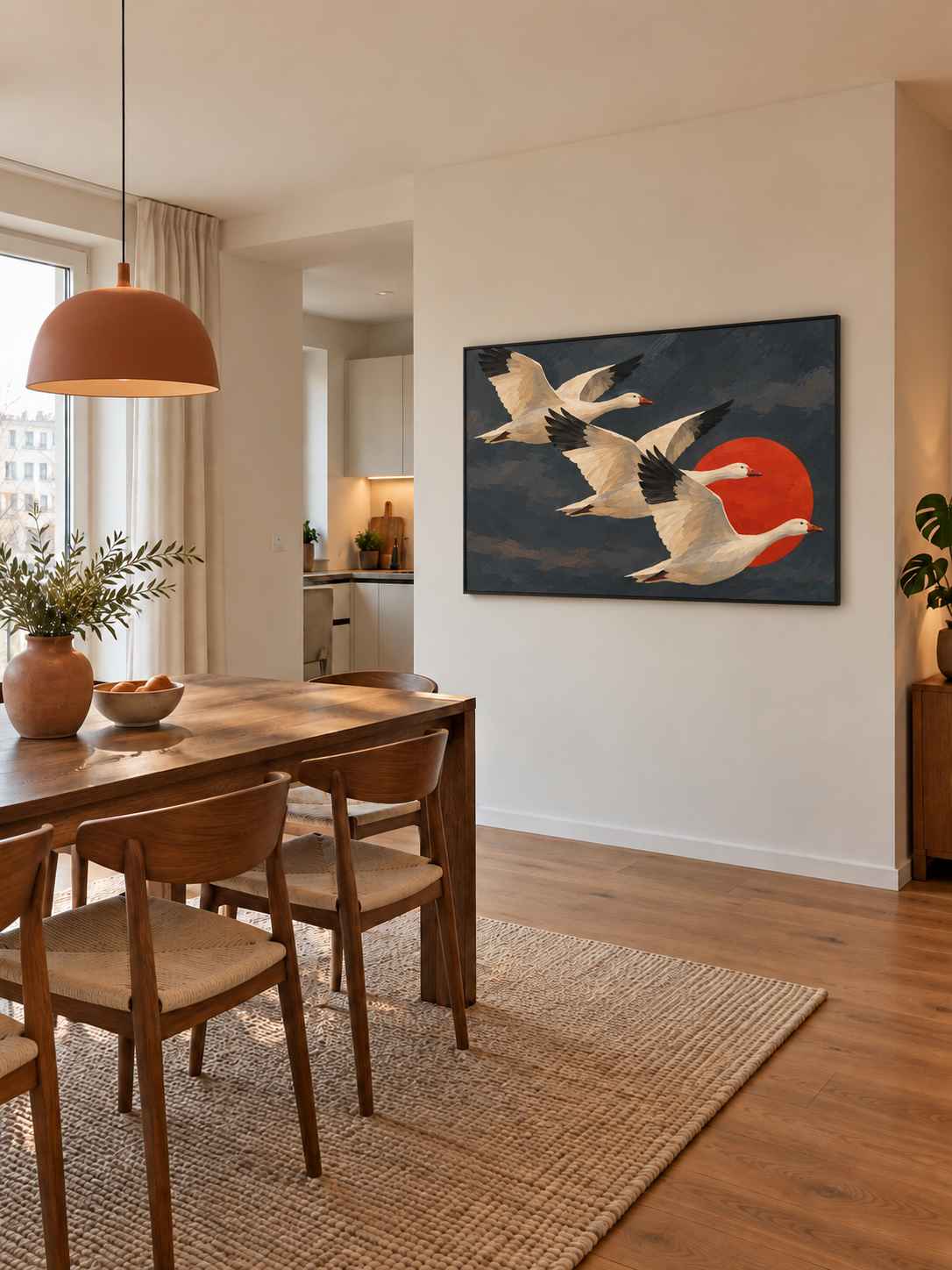 Handgemaltes Gemälde „Flug vor roter Sonne“ 90x120cm