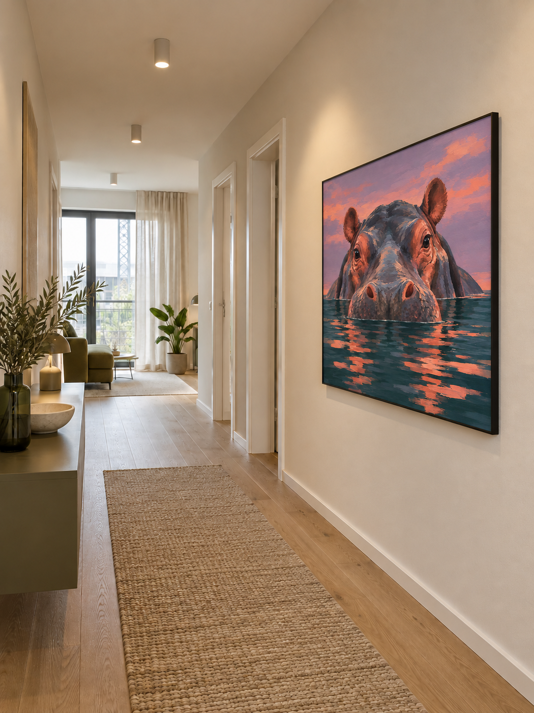 Handgemaltes Gemälde „Flusspferd im Abendrot“ 100x100cm