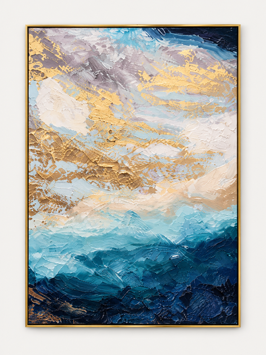 Handgemaltes Gemälde „Gold über den Wellen“ 90x120cm