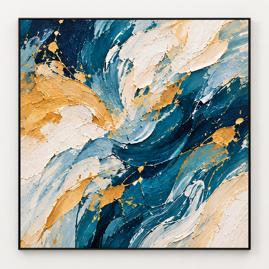 Handgemaltes Gemälde „Goldstrom im Tiefblau“ 100x100cm