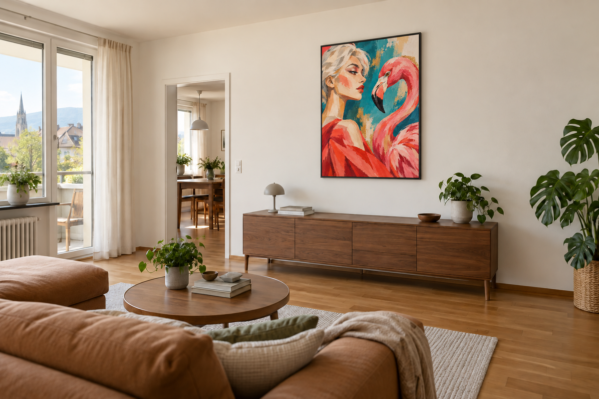 Handgemaltes Gemälde „Begegnung in Rosa“ 90x120cm