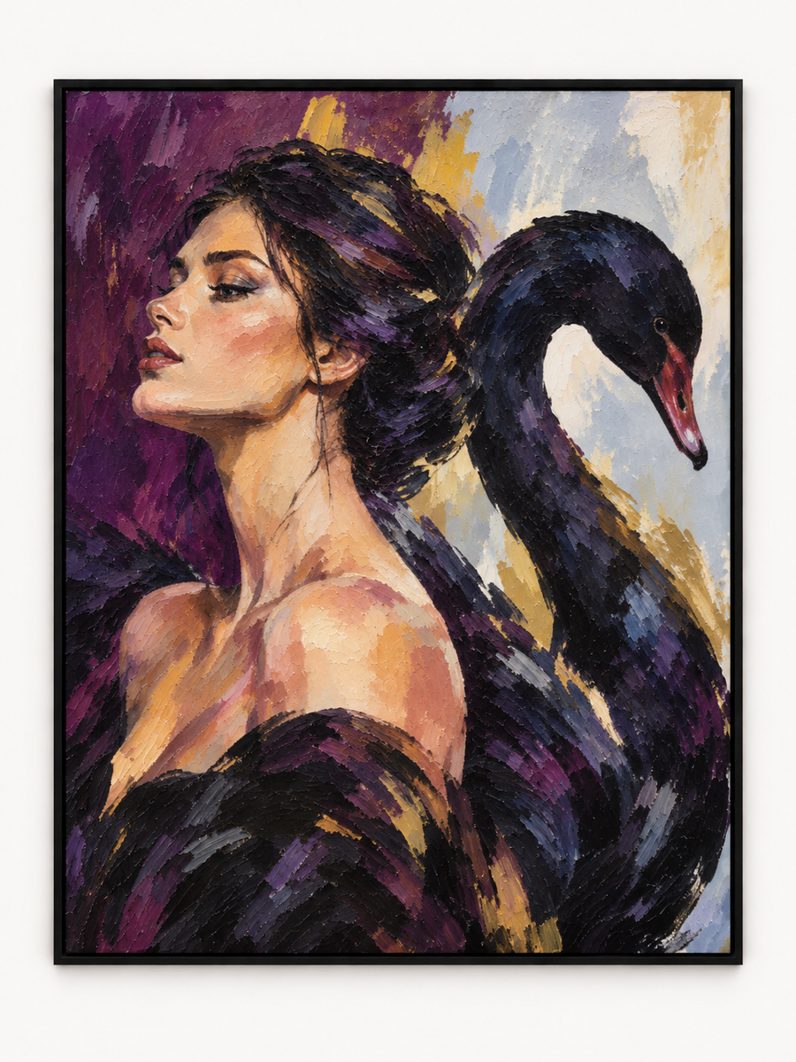 Handgemaltes Gemälde „Frau und schwarzer Schwan“ 90x120cm