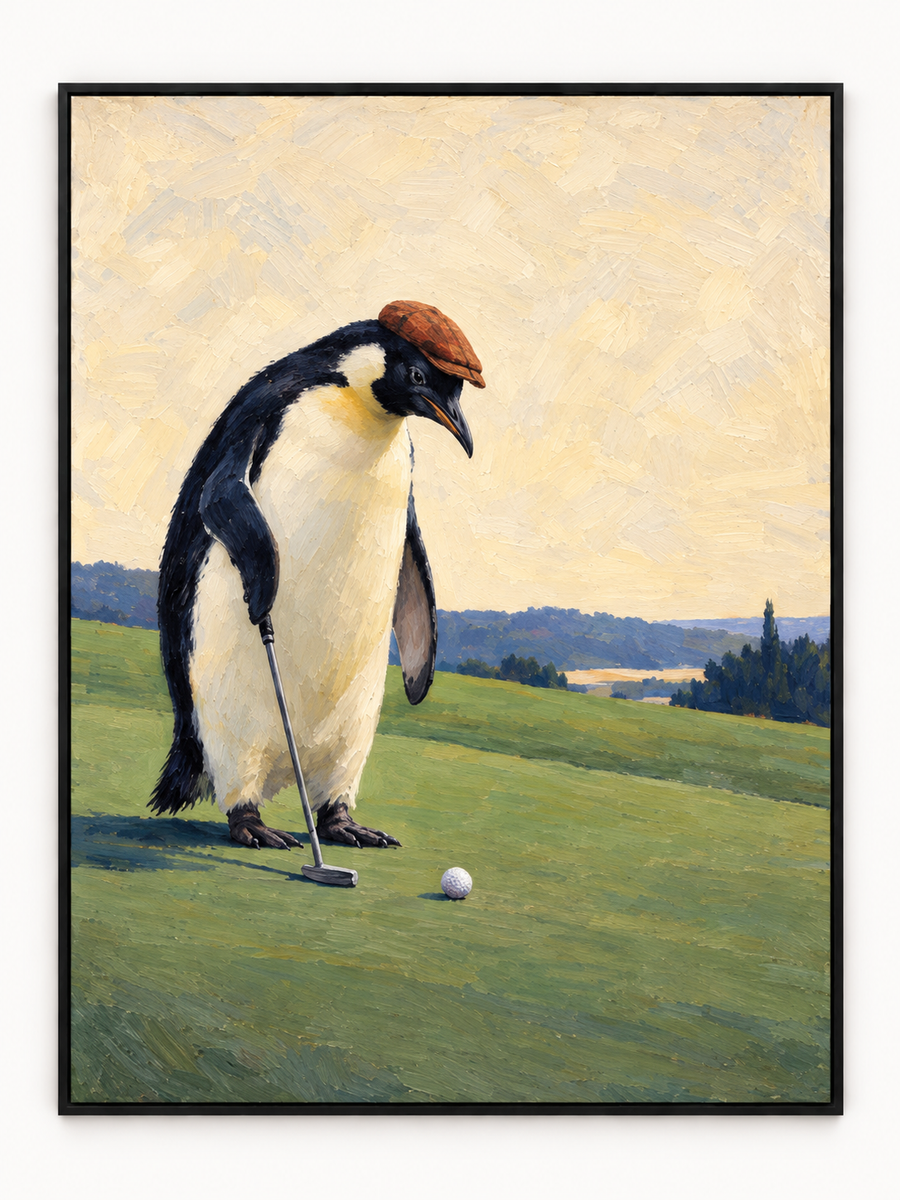 Handgemaltes Gemälde „Pinguin auf dem Grün“ 90x120cm