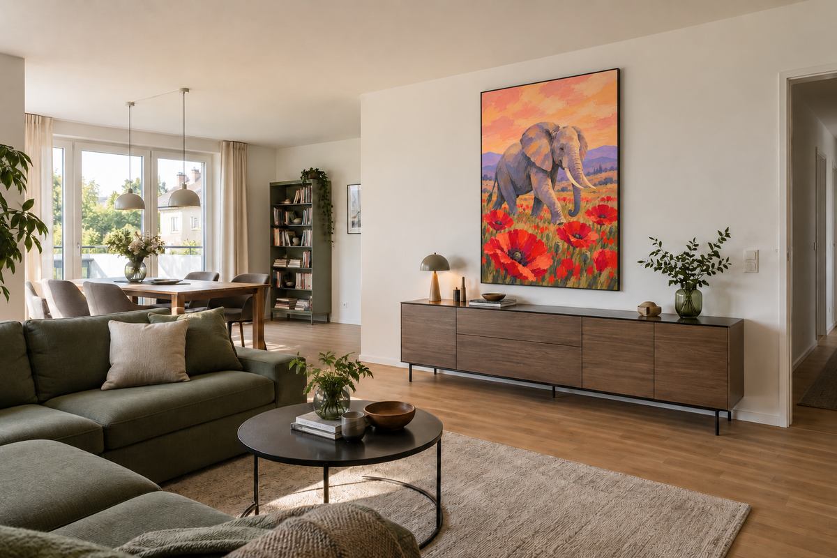 Handgemaltes Gemälde „Riese im Mohnfeld“ 90x120cm
