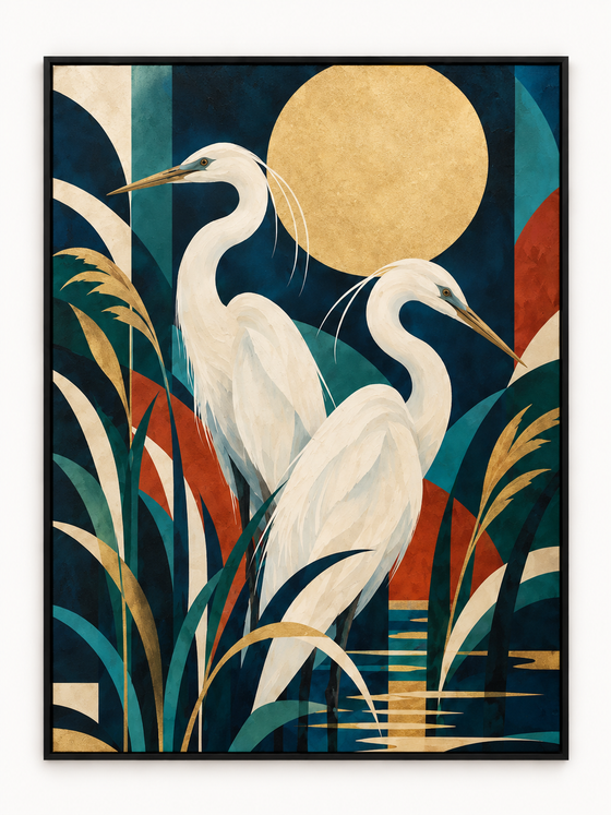 Handgemaltes Gemälde „Reiher im Mondlicht“ 90x120cm