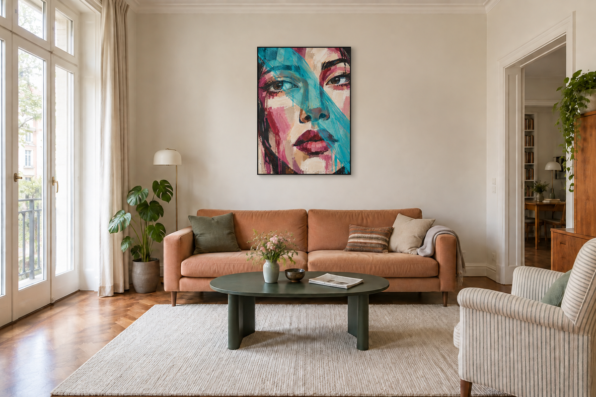 Handgemaltes Gemälde 'Türkise Mused' 90x120cm