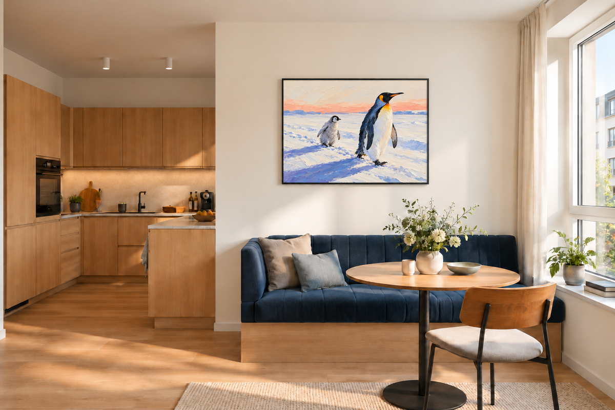 Handgemaltes Gemälde „Kleine Schritte im Schnee“ 120x90cm