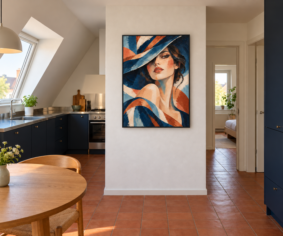 Handgemaltes Gemälde „Unter breiter Krempe“ 90x120cm
