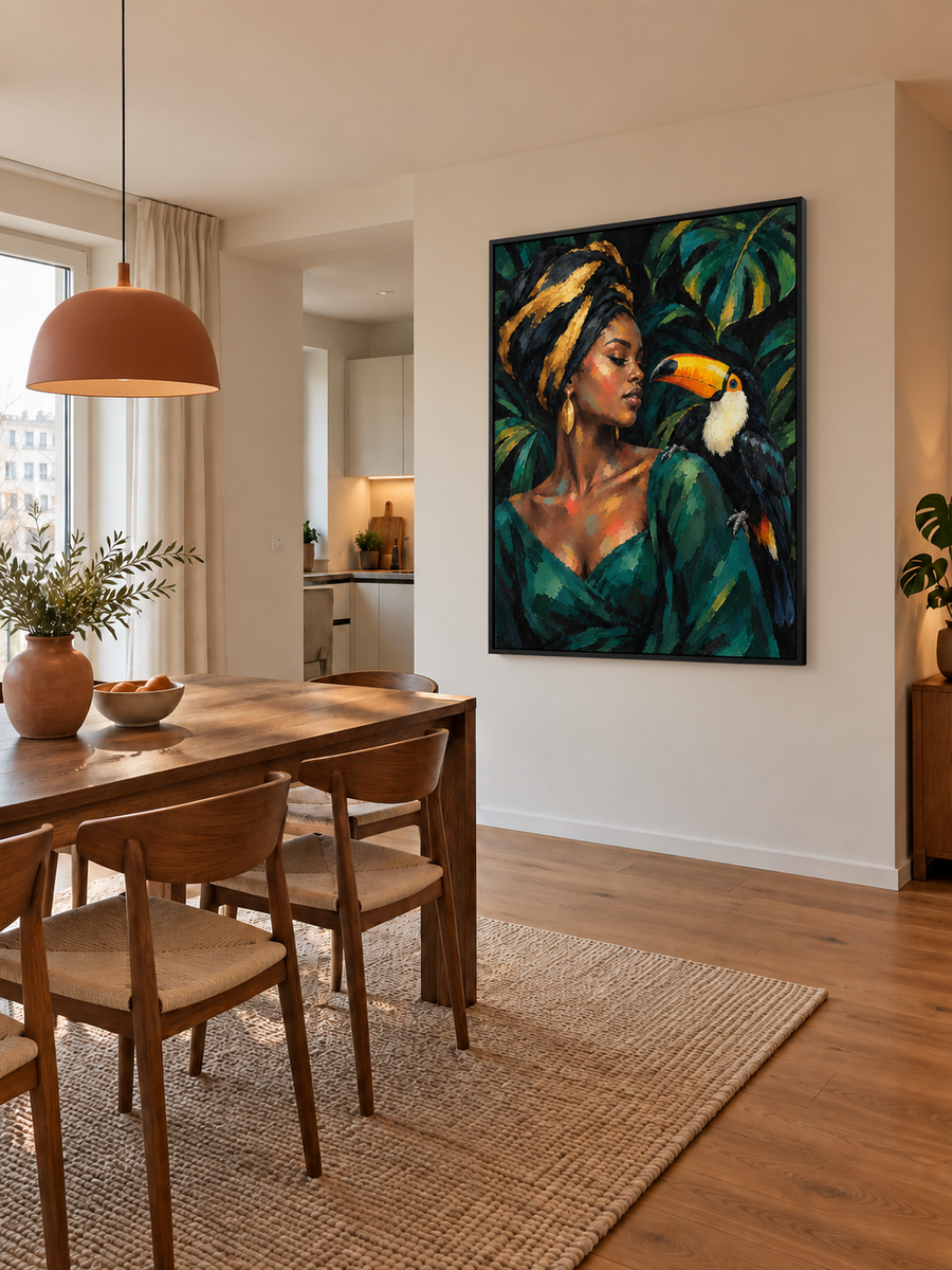 Handgemaltes Gemälde 'Tropische Begegnung' 90x120cm