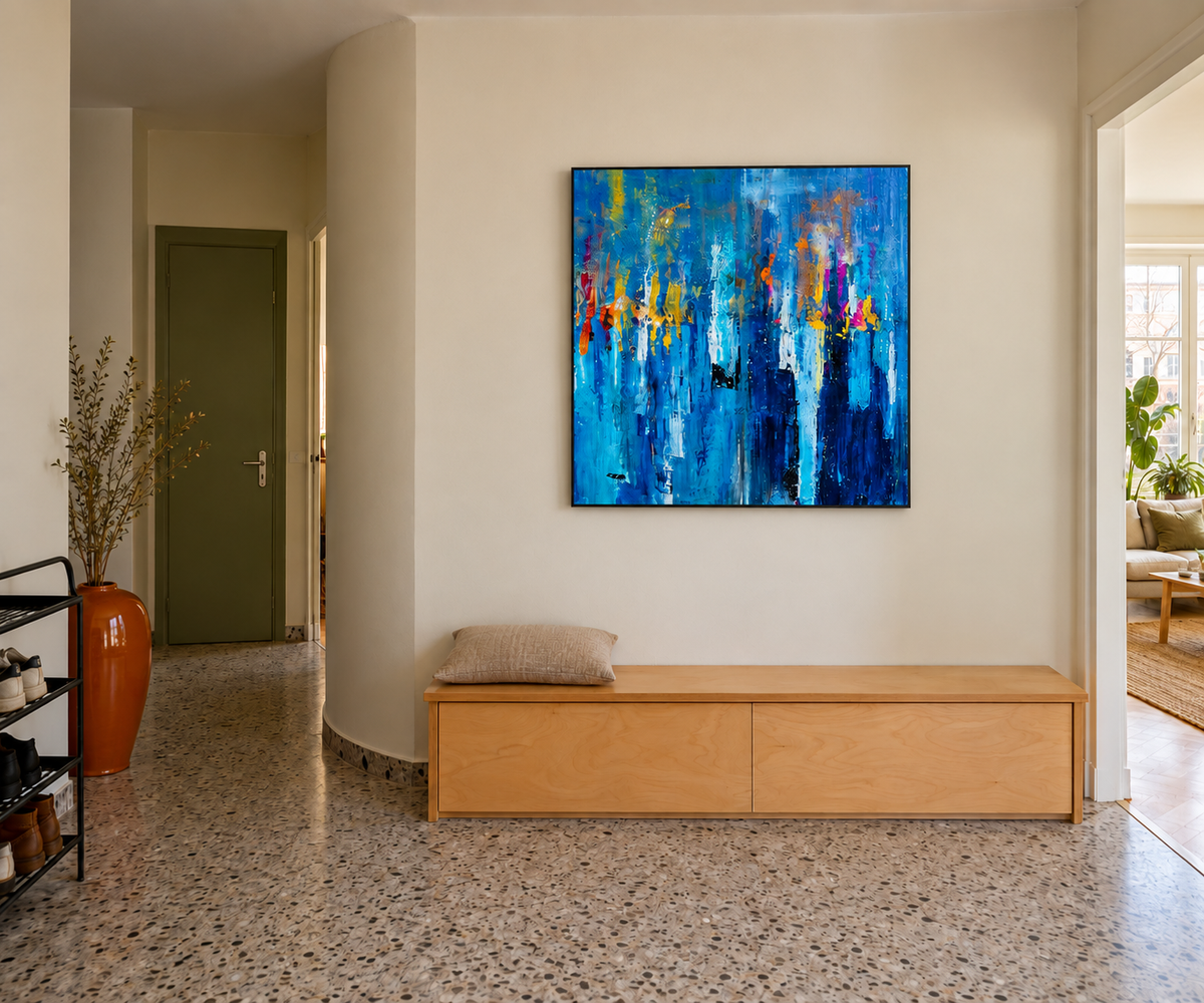 Handgemaltes Gemälde „Lichter im Blau“ 100x100cm