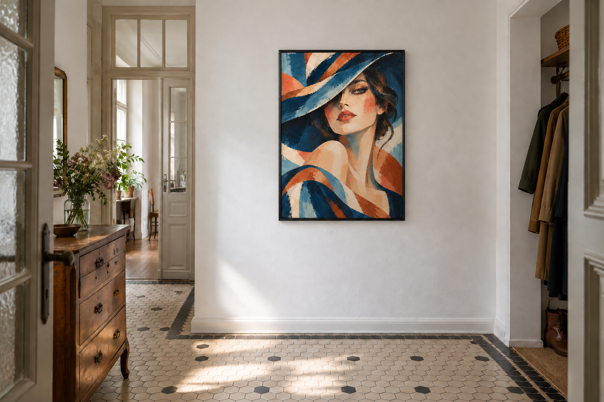 Handgemaltes Gemälde „Unter breiter Krempe“ 90x120cm