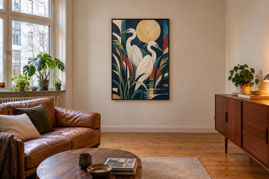 Handgemaltes Gemälde „Reiher im Mondlicht“ 90x120cm