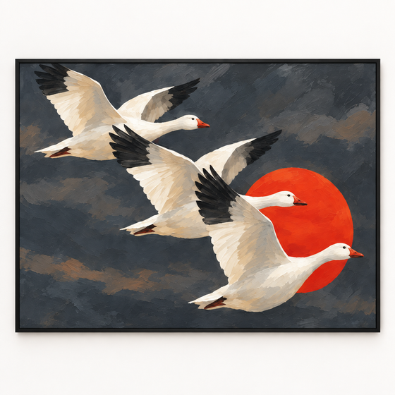 Handgemaltes Gemälde „Flug vor roter Sonne“ 90x120cm