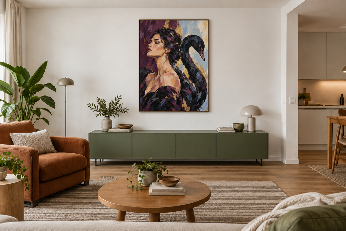Handgemaltes Gemälde „Frau und schwarzer Schwan“ 90x120cm