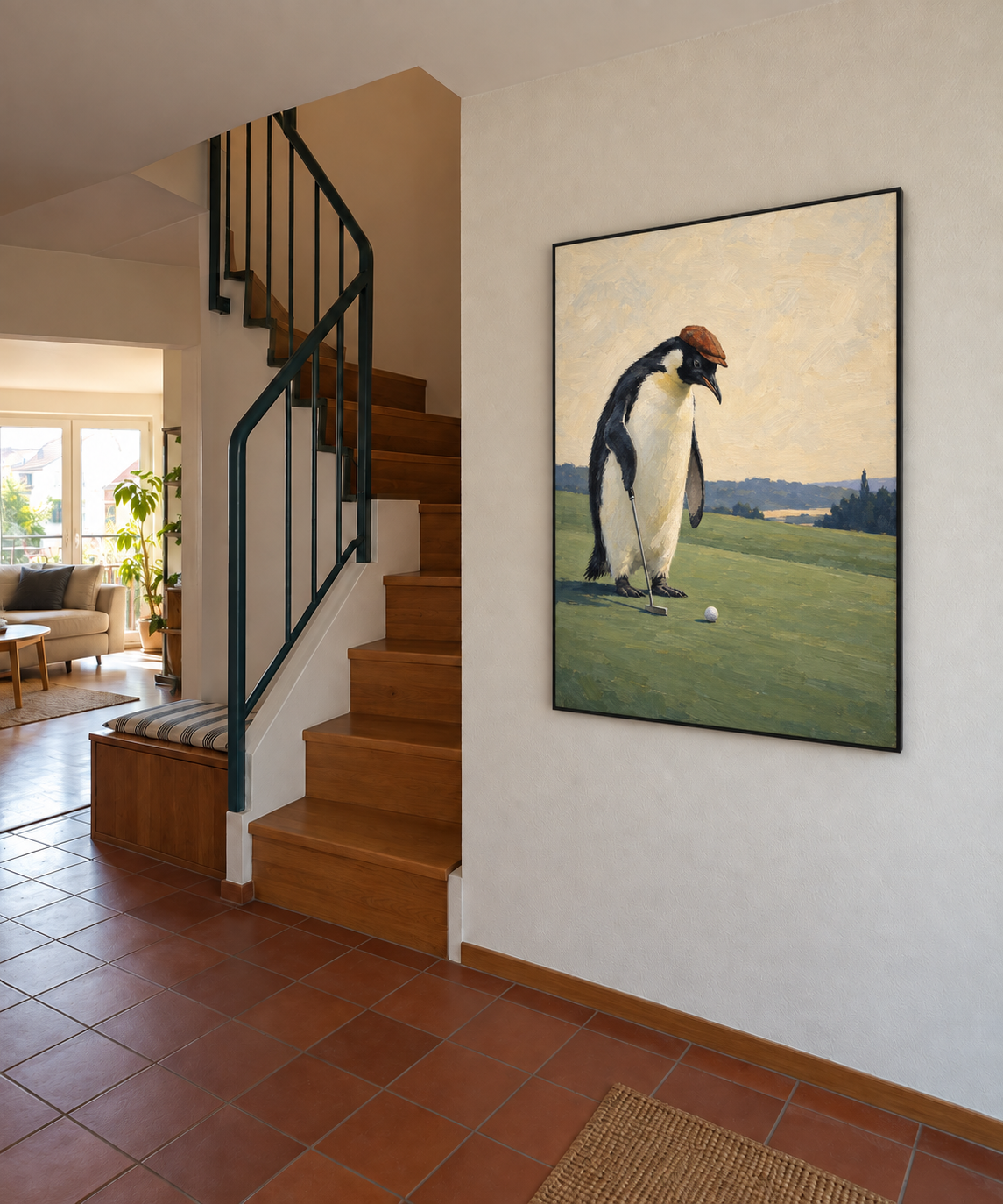 Handgemaltes Gemälde „Pinguin auf dem Grün“ 90x120cm
