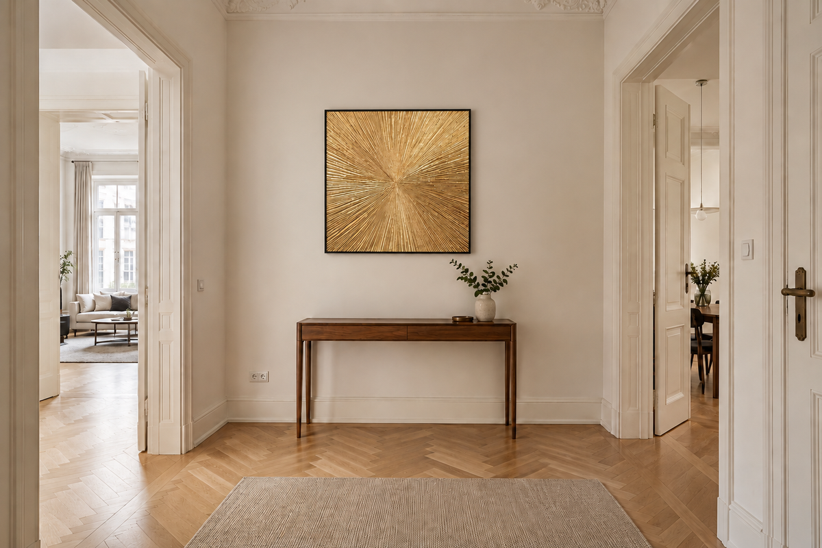 Handgemaltes Gemälde 'Goldene Strahlkraft' 100x100cm