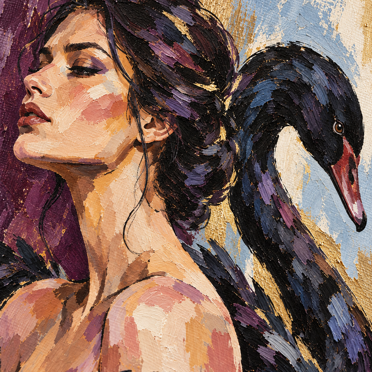 Handgemaltes Gemälde „Frau und schwarzer Schwan“ 90x120cm